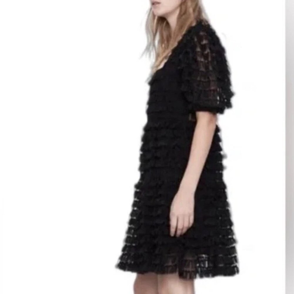 ✨ NWT Zara Black Tulle Fringe Mini Dress Small Puff Sleeve Ruffle 🖤 - Picture 2 of 16